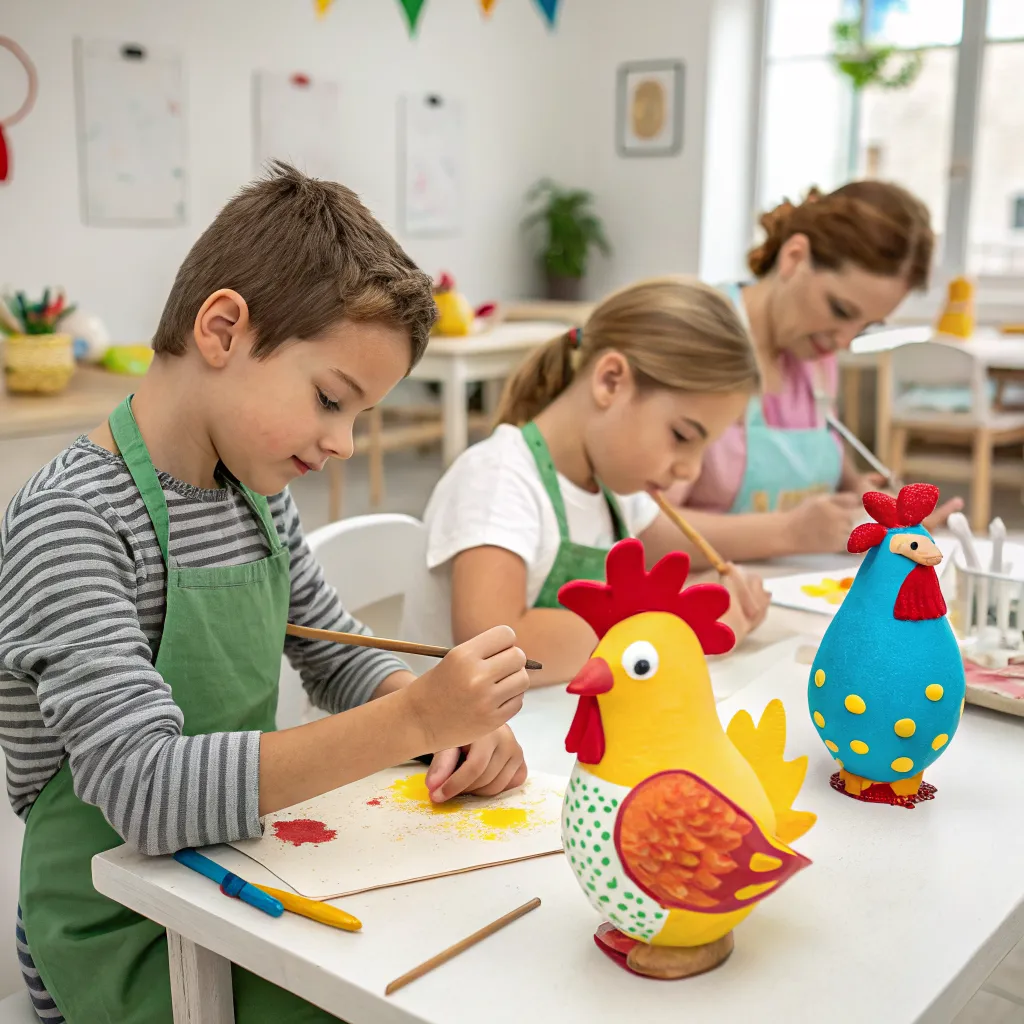 Kids crafting colorful chicken figures in workshop studio